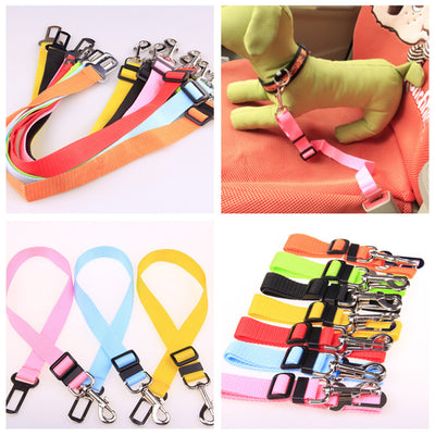 Red adjustable car safety belt for dogs with a metal seatbelt buckle and a silver swivel snap hook. - Image 25