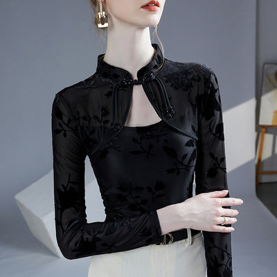 Blusa Base Layer Qipao Ajustada con Cuello Mao y Jacquard - Image 2