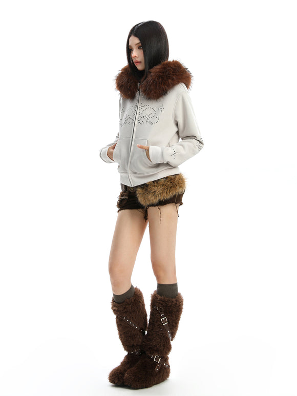 Retro Velvet Coat with Matching Fuzzy Details and Zipper Closure