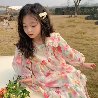 Vestido Infantil de Gasa Floral Manga Larga para Fiestas - Image 5