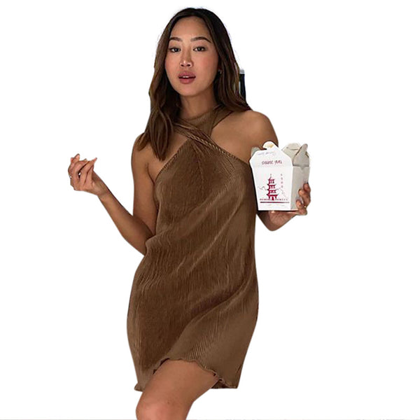 Vestido Halter sin Mangas con Detalle de Madera