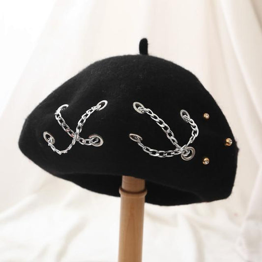 Boina Retro Británica de Lana con Cadena Cruzada para Mujer - Otoño e Invierno