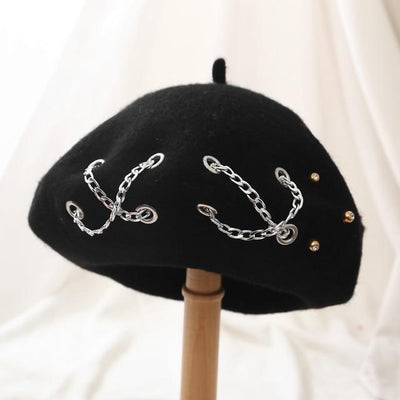 Boina Retro Británica de Lana con Cadena Cruzada para Mujer - Otoño e Invierno