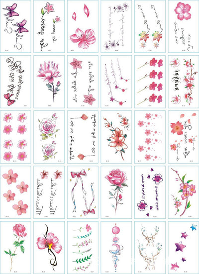 Set of 30 temporary tattoo stickers featuring pink and purple butterflies, flowers, bunnies, and moon designs. - Image 9