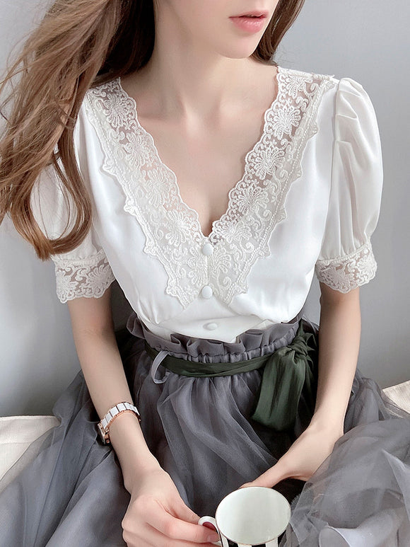 Blusa de Encaje Calado con Escote en V