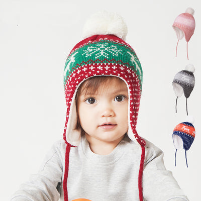 Gorro Infantil Jacquard Venado con Forro de Terciopelo - Gorro de Lana Tejida Cálida