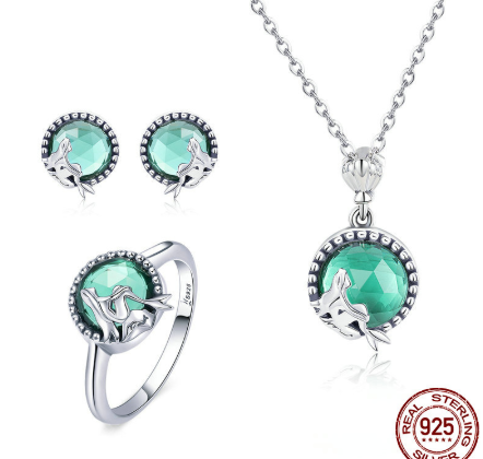 Aretes y Anillo Sirena en Plata 925 con Diamantes - Juego Elegante para Mujer