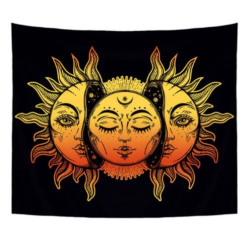 Black tapestry with a vibrant yellow, orange, and red sun and moon celestial print design.