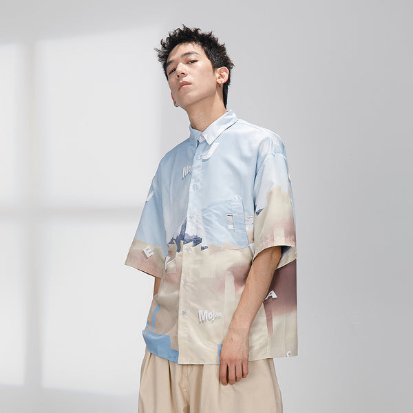 Camisa Retro Suelta con Estampado Completo de Manga Corta