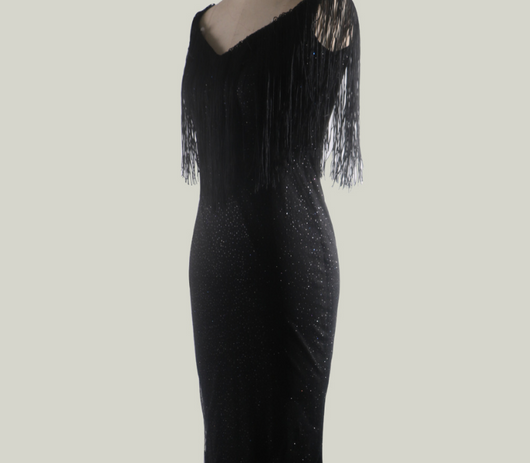 Vestido Largo Negro con Lentejuelas - Escote en V Ajustado - Image 6