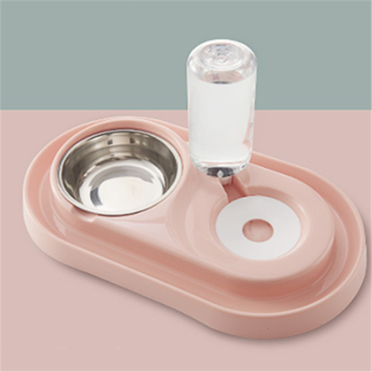 White pet feeding station with a stainless steel food bowl and a clear automatic water dispenser bottle. - Image 9