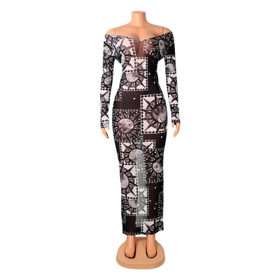 Vestido Largo de Manga Larga con Tul Transparente y Estampado - Image 14