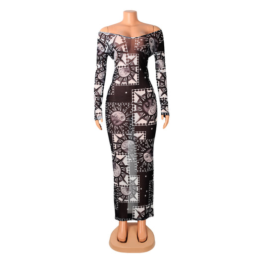 Vestido Largo de Manga Larga con Tul Transparente y Estampado - Image 14