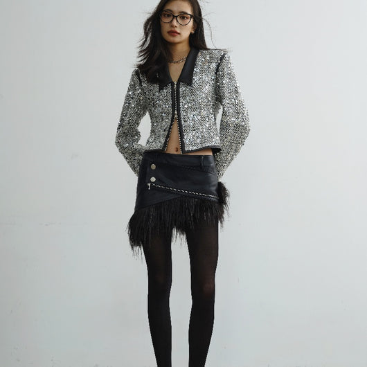 Chaqueta Corta Urbana Retro Moderna con Lentejuelas y Cuello Bajo - Image 11