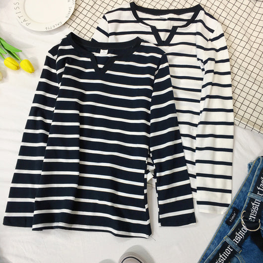 Playera Ajustada de Rayas con Cuello en V y Manga Larga para Mujer - Image 9