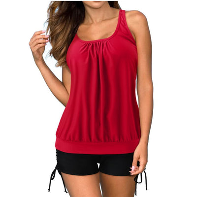 Women's red loose-fit tankini top with gathered neckline and black swim shorts with adjustable side ties. - Image 10