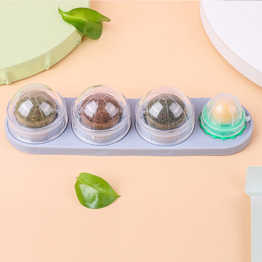 Cat treat dispenser with four lickable balls: cat sugar, cat mint, gall fruit, and silvervine, in a purple holder. - Image 2