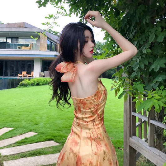 Vestido Floral Retro Halter de Largo Medio con Elegancia Vintage
