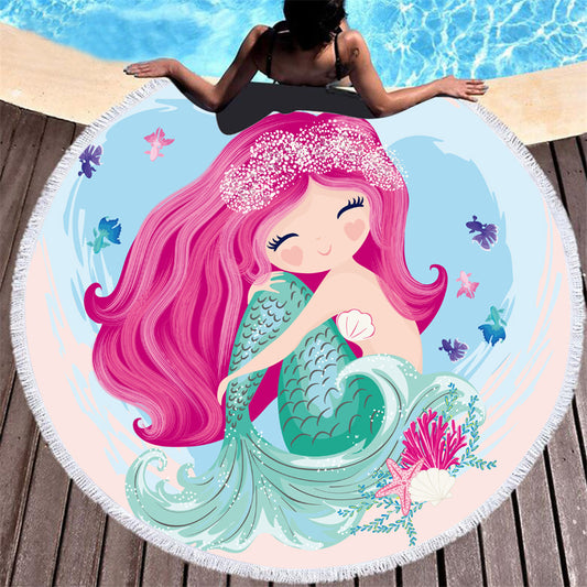 Toalla de Playa Redonda de Microfibra Sirena Rosa Infantil