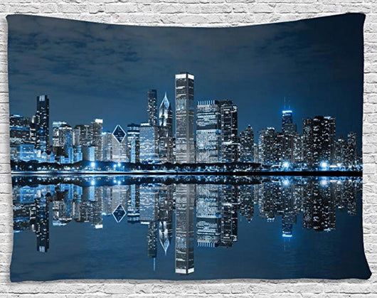 City night tapestry featuring a dark blue skyline with illuminated buildings reflecting in the water below.