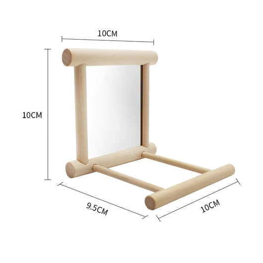 Natural wood bird stand with a double-sided mirror, featuring perches and metal hooks for small birds. - Image 3