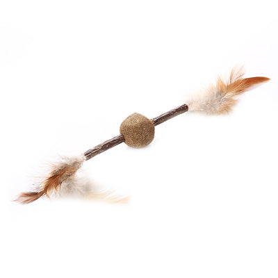 Natural catnip stick toy with a green catnip ball in the center and fluffy brown and white feathers on both ends. - Image 3