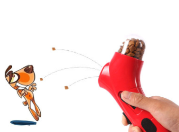 Red pet treat launcher with a clear reservoir filled with brown kibble, shown from side and top views with dimensions. - Image 3