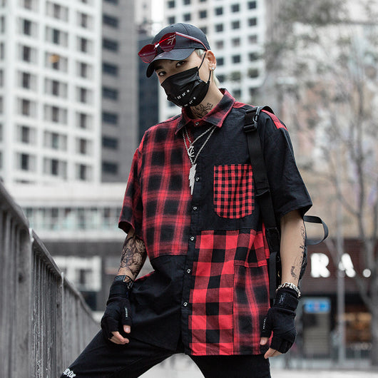 Camisa Retro Hip Hop a Cuadros con Parches de Calle - Image 5
