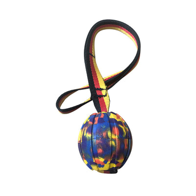 Yellow EVA pet training ball with a black, red, and yellow striped tether, designed for water play. - Image 6