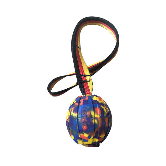 Yellow EVA pet training ball with a black, red, and yellow striped tether, designed for water play. - Image 6