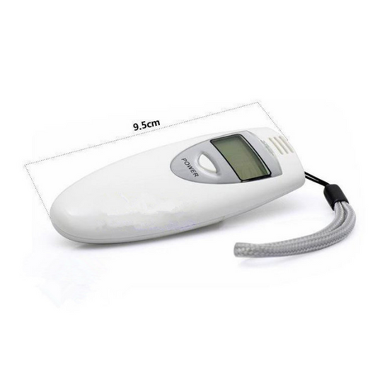 White high-precision digital alcohol tester with an LCD screen displaying 0.00% and a grey wrist strap. - Image 2