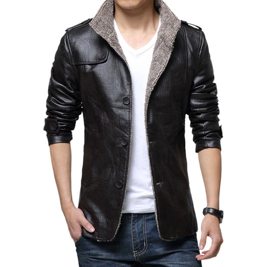 Chaqueta de Cuero Slim Fit Coreana para Hombre con Forro de Piel Gruesa