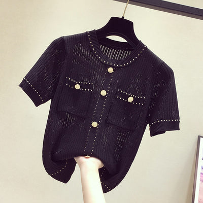 Blusa de Seda Brillante Tejida Manga Corta para Mujer - Image 9