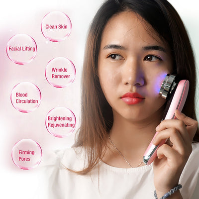 White facial massage importer with red and blue LED light ring, two 'POLYPEPTIDE' facial mask boxes, and a pink cat ear headband. - Image 4