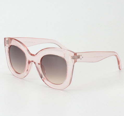 Transparent pink cat-eye sunglasses with gradient gray lenses, featuring a thick frame and vintage style. - Image 7