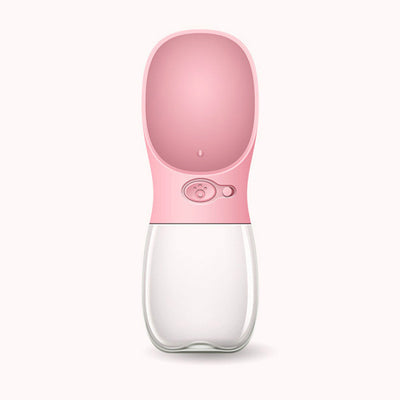 White portable pet water bottle with a clear reservoir and built-in drinking bowl, shown in a bag. - Image 3