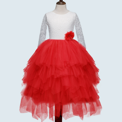 Vestido Princesa Niña Encaje Manga Larga Blanco Irregular Otoño Invierno - Image 8
