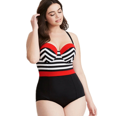 Traje de Baño Enterizo Tallas Grandes con Estampado de Rayas Blanco y Negro