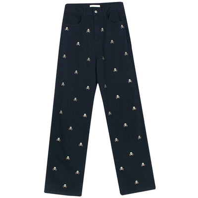 Pantalones Rectos Holgados Tibetanos con Estampado Calavera Azul - Image 6