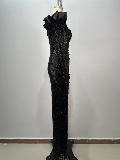 Vestido Negro con Lentejuelas y Hombro Descubierto - Diseño Elegante con Abertura - Image 8