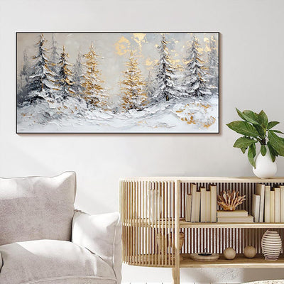 Cuadro Óleo Artesanal Escena Invernal Navideña con Pinos Dorados para Decoración del Hogar - Image 8