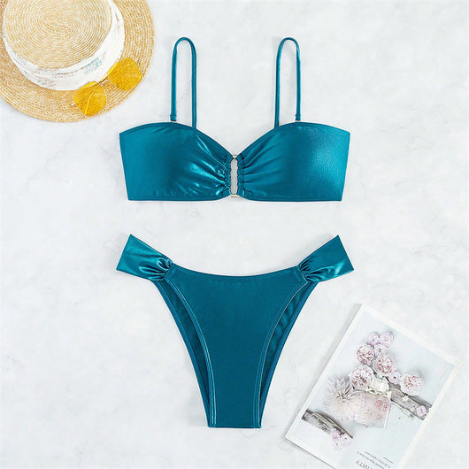 Solid black glossy two-piece bikini with a bandeau top featuring a ruched front and U-shaped detail, and high-cut ruched bottoms. - Image 4