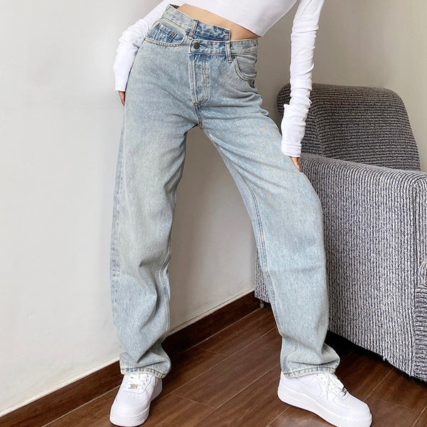 Pantalones Jeans Cintura Alta Rectos Holgados para Mujer