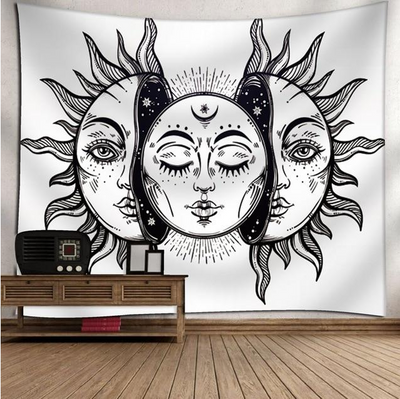 Bohemian sun and moon tapestry with a celestial pattern of golden suns and crescent moons on a dark blue background. - Image 48