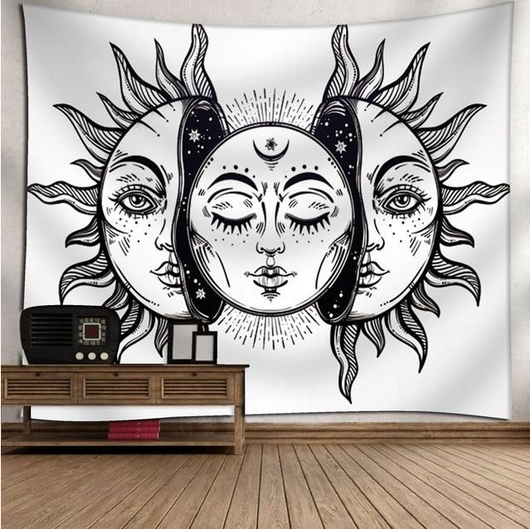 Bohemian sun and moon tapestry with a celestial pattern of golden suns and crescent moons on a dark blue background. - Image 48
