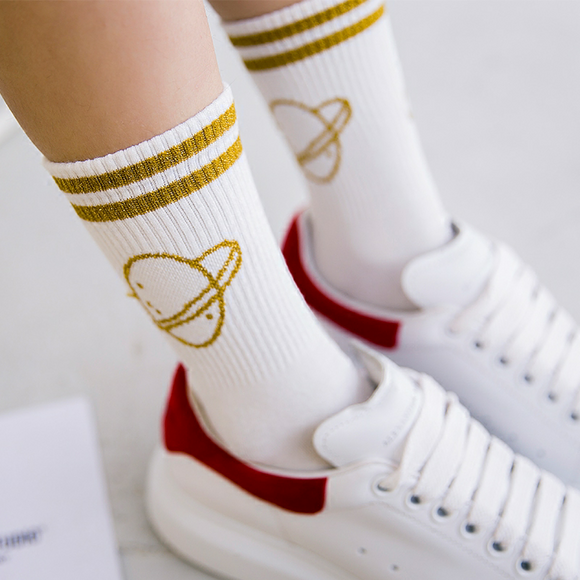 Calcetines Deportivos de Algodón con Diseño Planeta de Dos Bandas