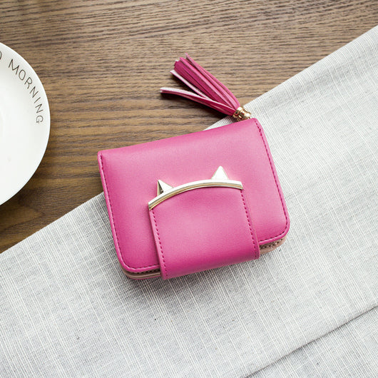 Billetera Compacta para Mujer con Diseño de Orejas de Gato, Cuero Genuino y Borlas - Image 9