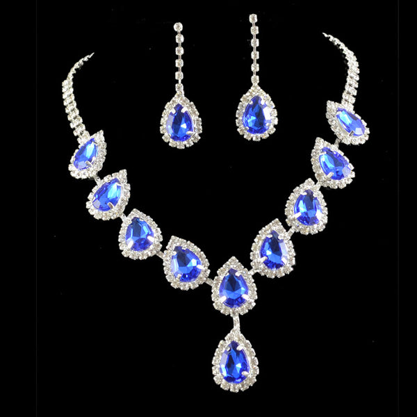 Bridal jewelry set with a silver-tone necklace and matching drop earrings, featuring orange teardrop rhinestones.