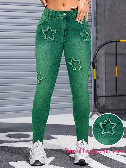 Pantalones Leggings Estilo Denim con Estrellas para Mujer - Corte Acampanado - Image 7