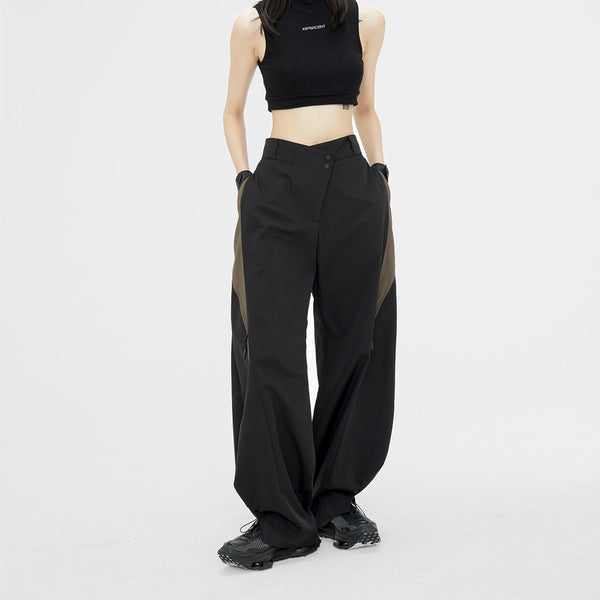 Pantalón Ancho Mujer con Cintura Ajustada y Textura Oblicua